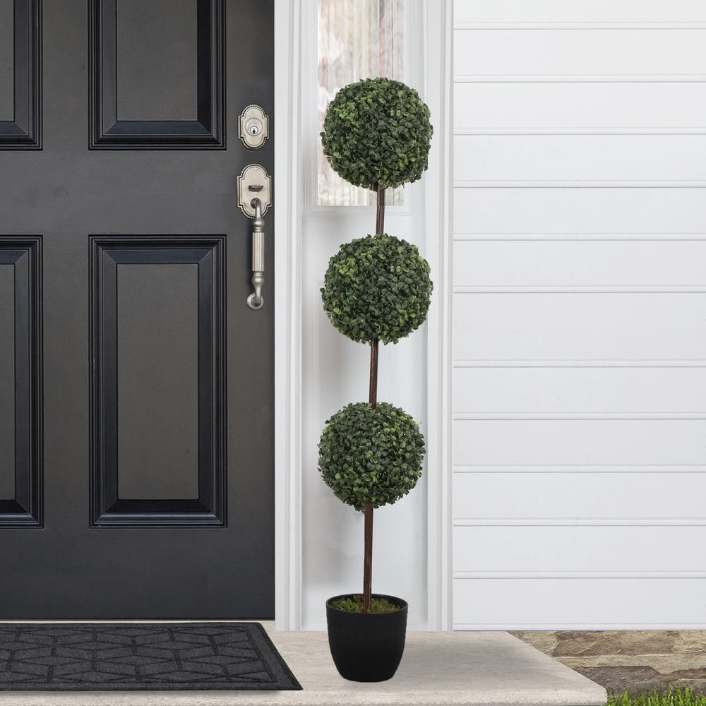4' Artificial Two-Tone Boxwood Triple Ball Topiary Tree with Round Pot  Unlit. Picture 2