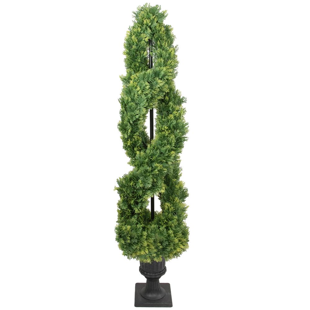 4.5' Artificial Cedar Double Spiral Topiary Tree in Urn Style Pot  Unlit. Picture 1