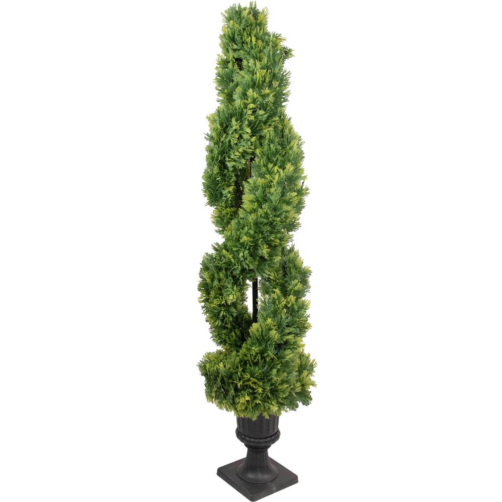 4.5' Artificial Cedar Double Spiral Topiary Tree in Urn Style Pot  Unlit. Picture 5