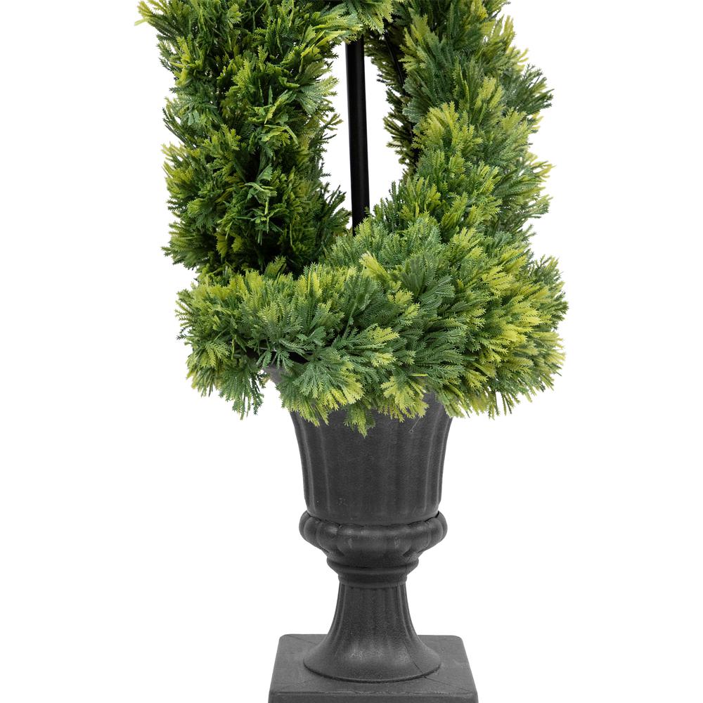 4.5' Artificial Cedar Double Spiral Topiary Tree in Urn Style Pot  Unlit. Picture 4