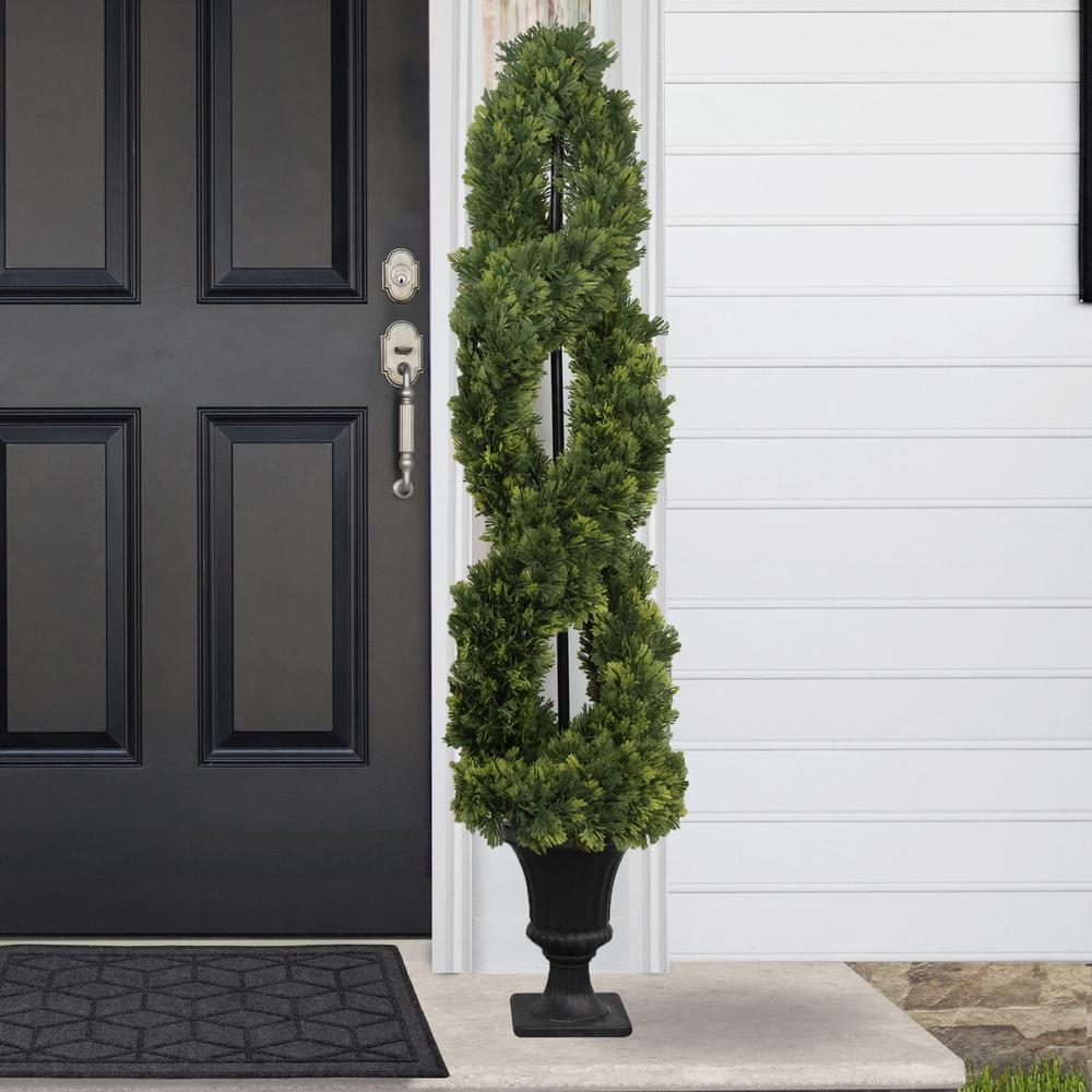 4.5' Artificial Cedar Double Spiral Topiary Tree in Urn Style Pot  Unlit. Picture 2