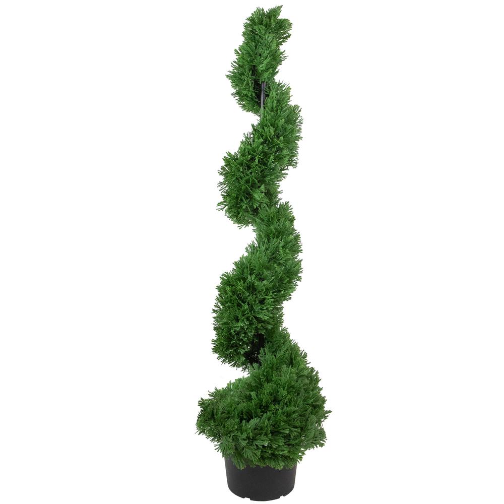 4' Artificial Cedar Spiral Topiary Tree in Black Pot  Unlit. Picture 1
