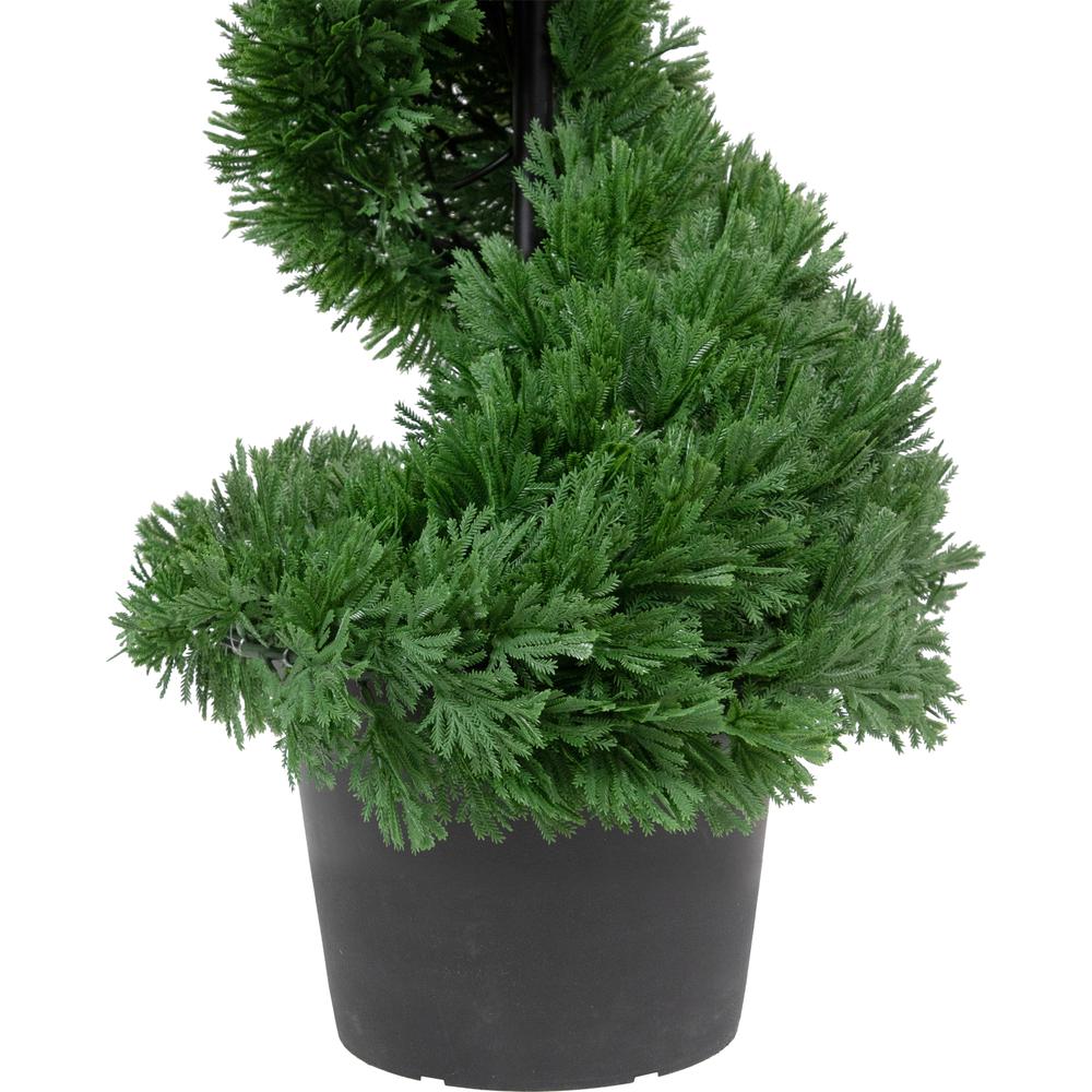 4' Artificial Cedar Spiral Topiary Tree in Black Pot  Unlit. Picture 4