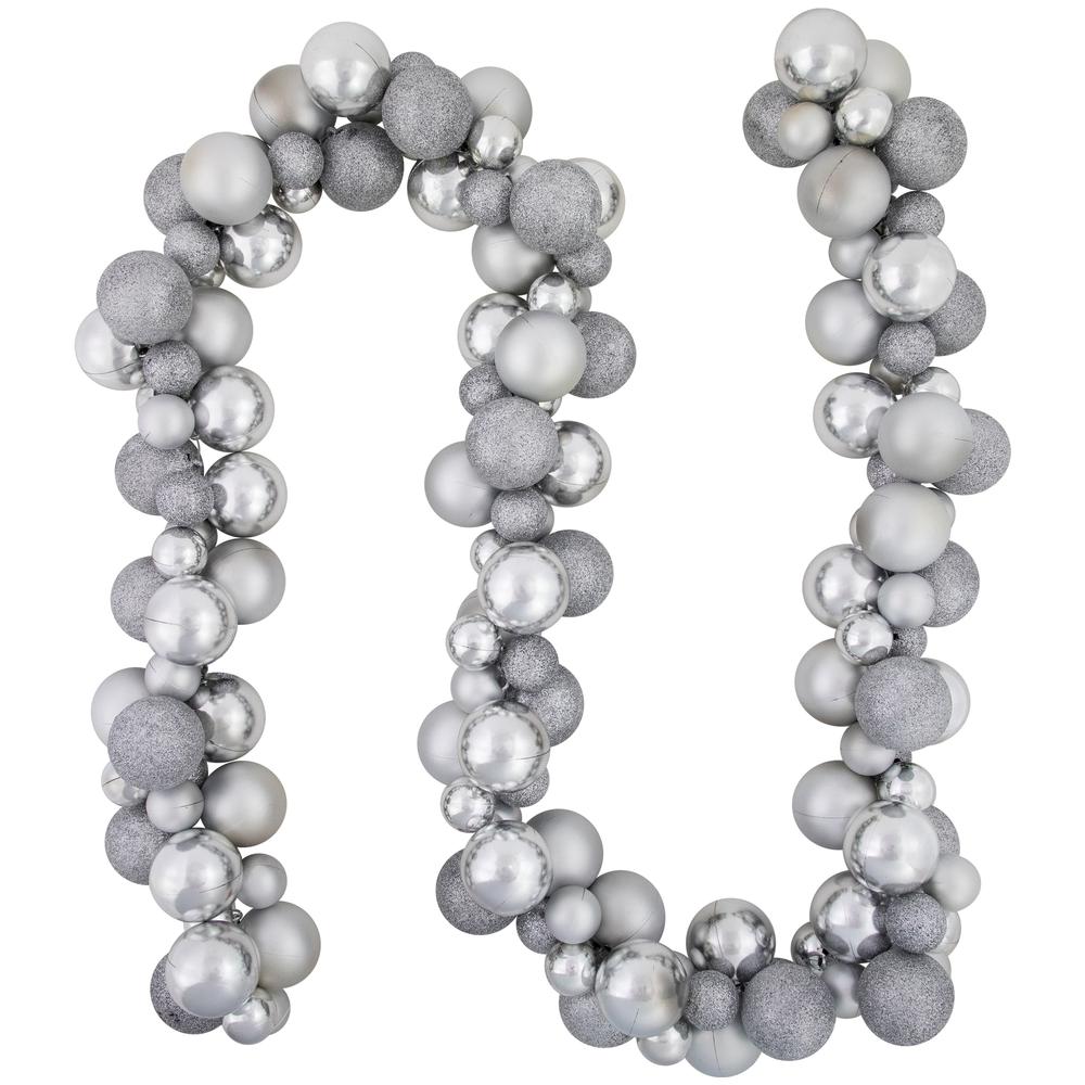 6' Silver Shatterproof Ball 3-Finish Christmas Garland. Picture 1