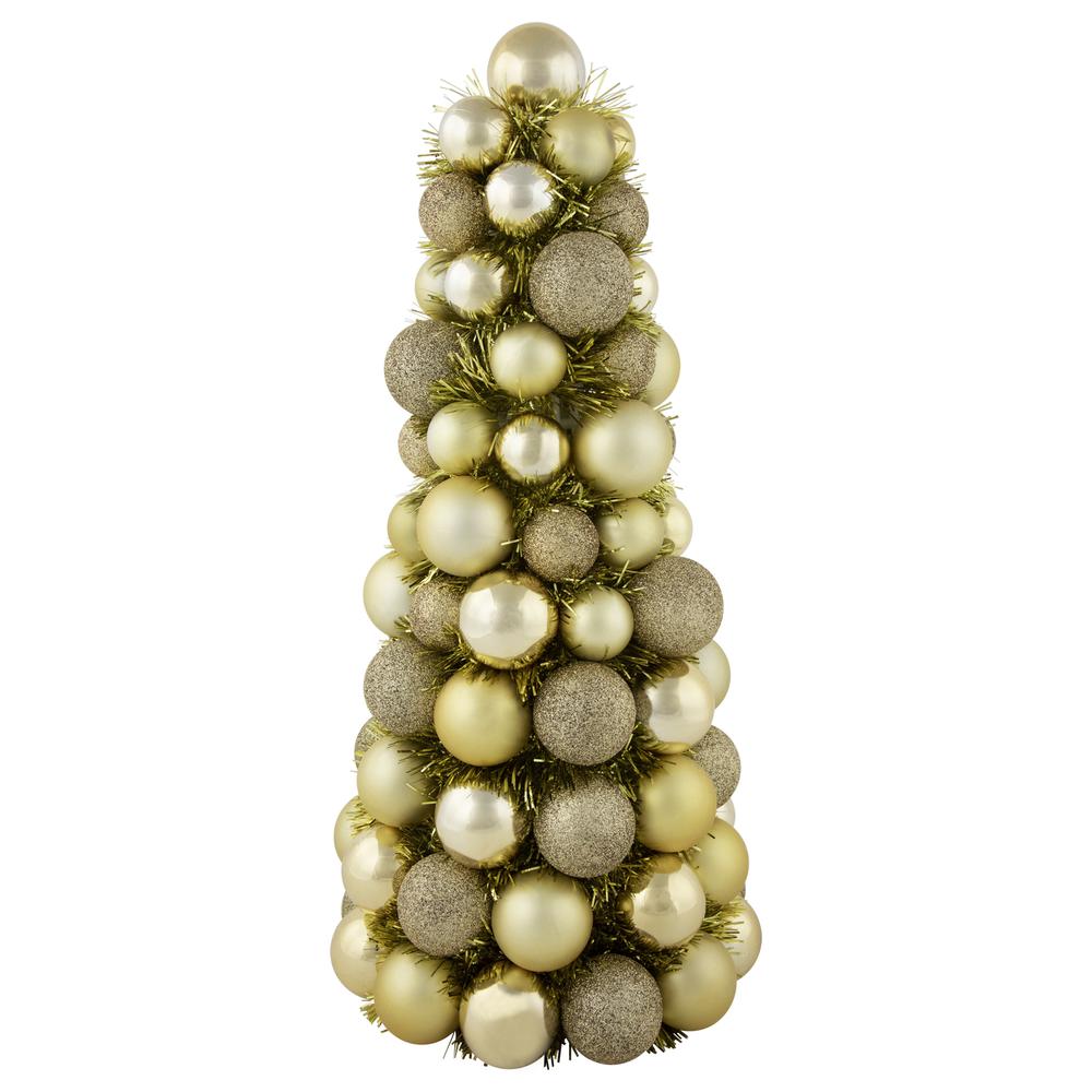 15.75" Gold 3-Finish Shatterproof Ball Christmas Tree with Tinsel. Picture 1