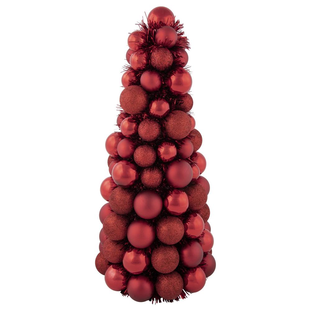 15.75" Red 3-Finish Shatterproof Ball Christmas Tree with Tinsel. Picture 1