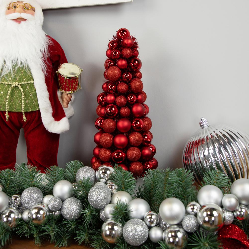 15.75" Red 3-Finish Shatterproof Ball Christmas Tree with Tinsel. Picture 2