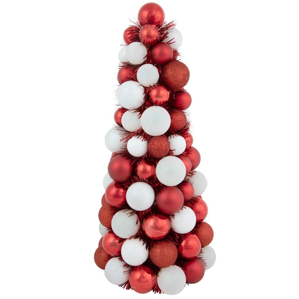 15.75" Red and White 3-Finish Shatterproof Ball Christmas Tree with Tinsel. Picture 1