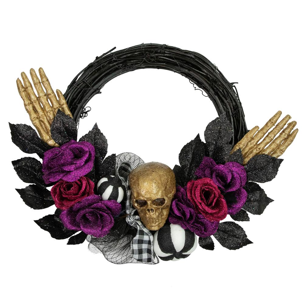 Skull with Hands and Purple Roses Halloween Twig Wreath  22-Inch  Unlit. Picture 1