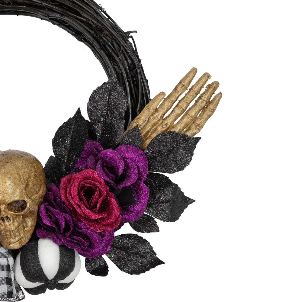 Skull with Hands and Purple Roses Halloween Twig Wreath  22-Inch  Unlit. Picture 4