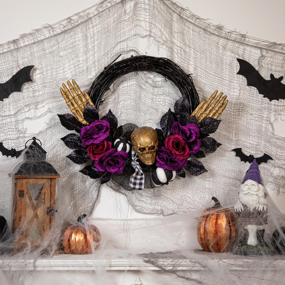 Skull with Hands and Purple Roses Halloween Twig Wreath  22-Inch  Unlit. Picture 2
