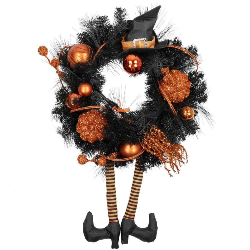 Orange and Black Witch and Pumpkins Halloween Wreath  24-Inch  Unlit. Picture 1