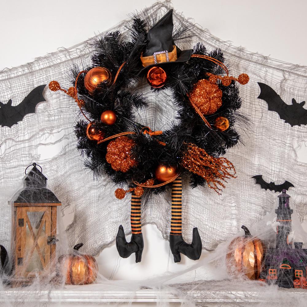 Orange and Black Witch and Pumpkins Halloween Wreath  24-Inch  Unlit. Picture 2