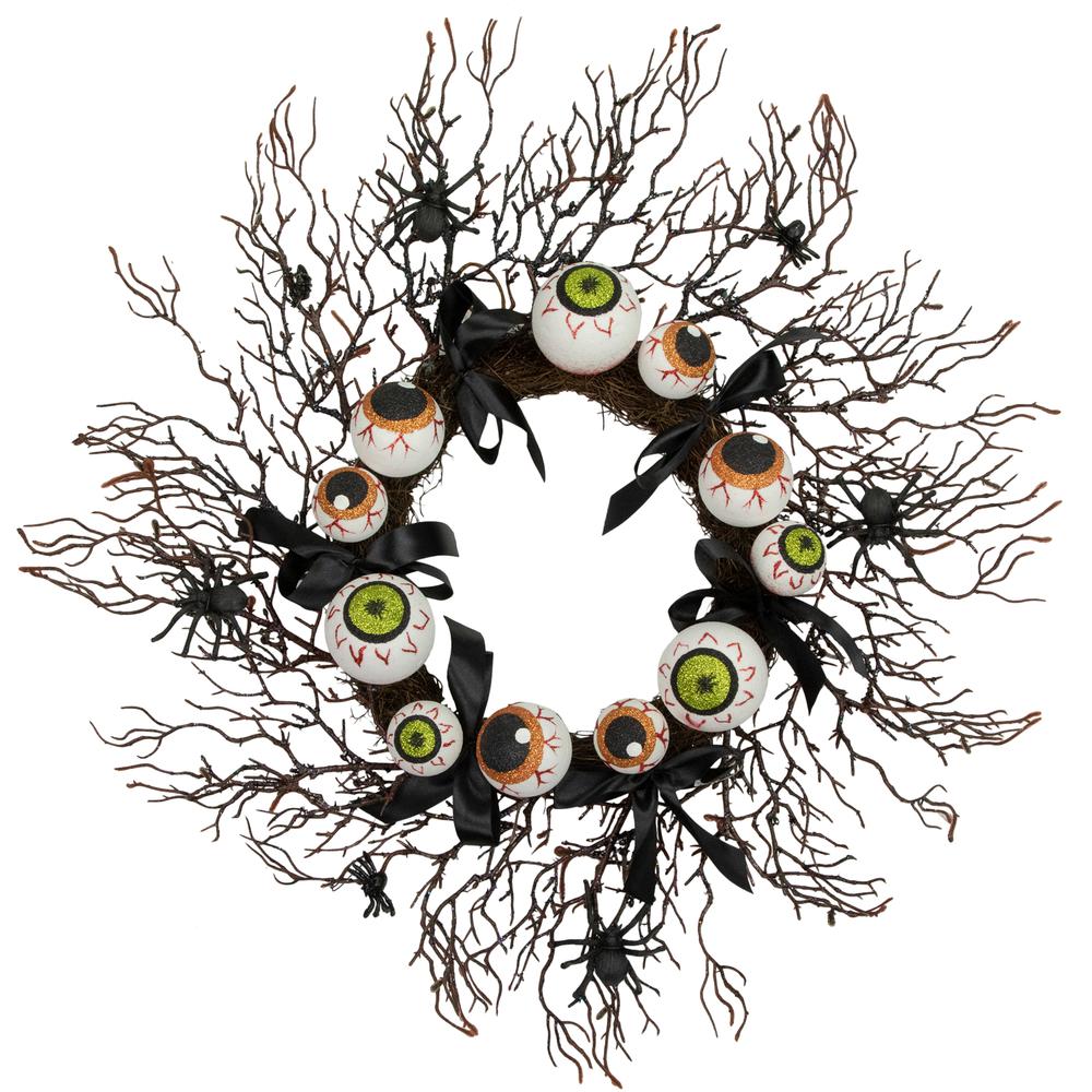 Eyeballs and Spiders Halloween Twig Wreath  24-Inch  Unlit. Picture 1