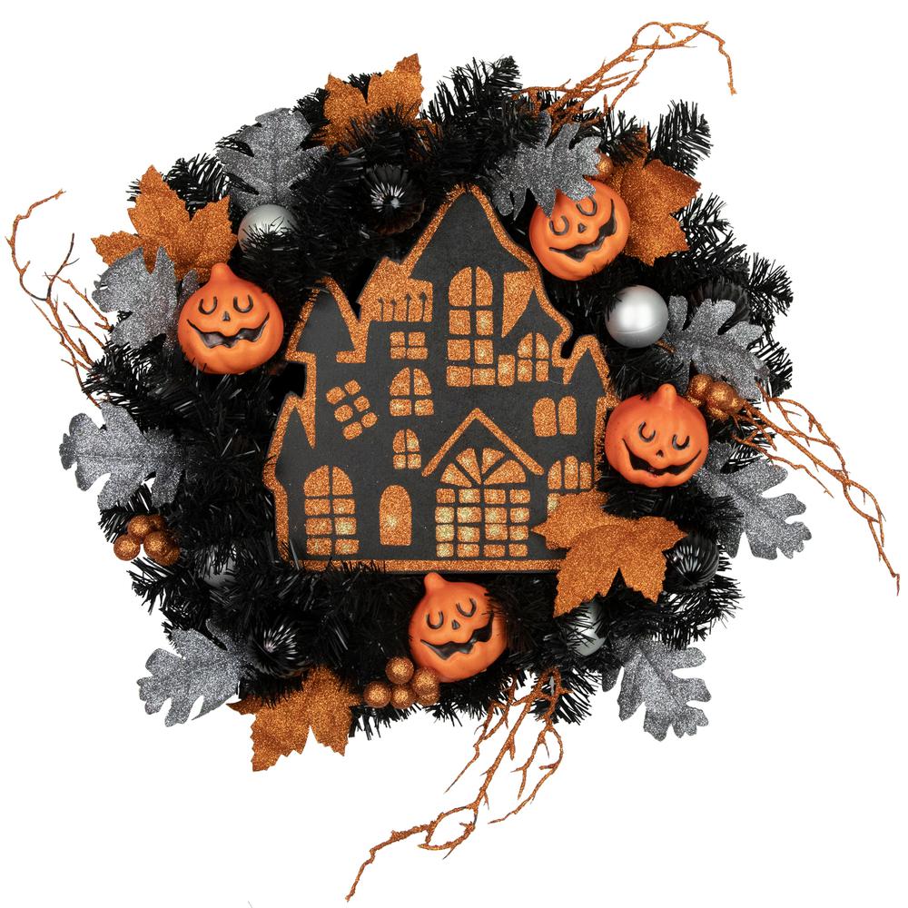 Orange and Black Haunted House Halloween Wreath  24-Inch  Unlit. Picture 1