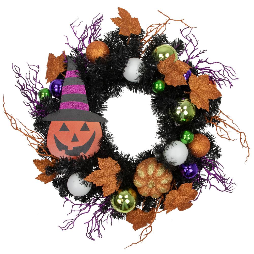 Jack-O-Lantern in Witches Hat Halloween Pine Wreath  24-Inch  Unlit. Picture 1