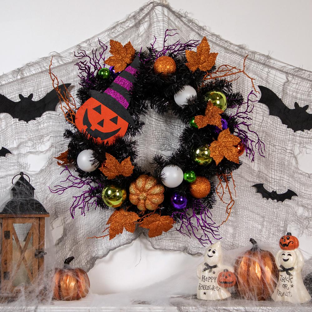 Jack-O-Lantern in Witches Hat Halloween Pine Wreath  24-Inch  Unlit. Picture 2