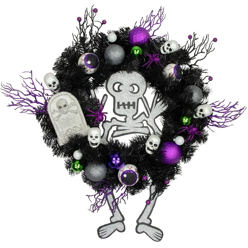 Purple and Black Spooky Skeleton Pine Halloween Wreath  24-Inch  Unlit. Picture 1