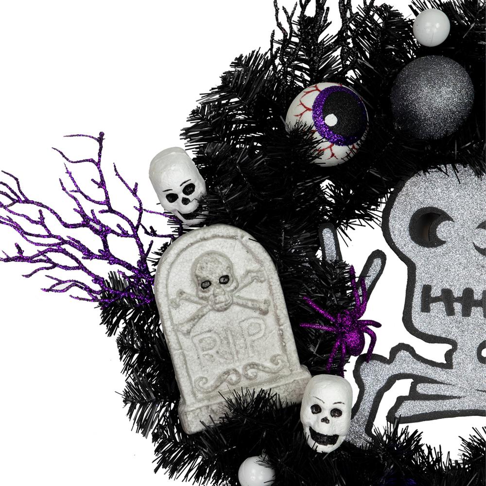 Purple and Black Spooky Skeleton Pine Halloween Wreath  24-Inch  Unlit. Picture 3