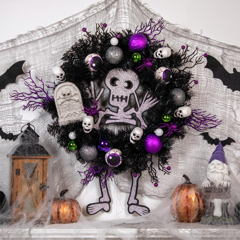 Purple and Black Spooky Skeleton Pine Halloween Wreath  24-Inch  Unlit. Picture 2