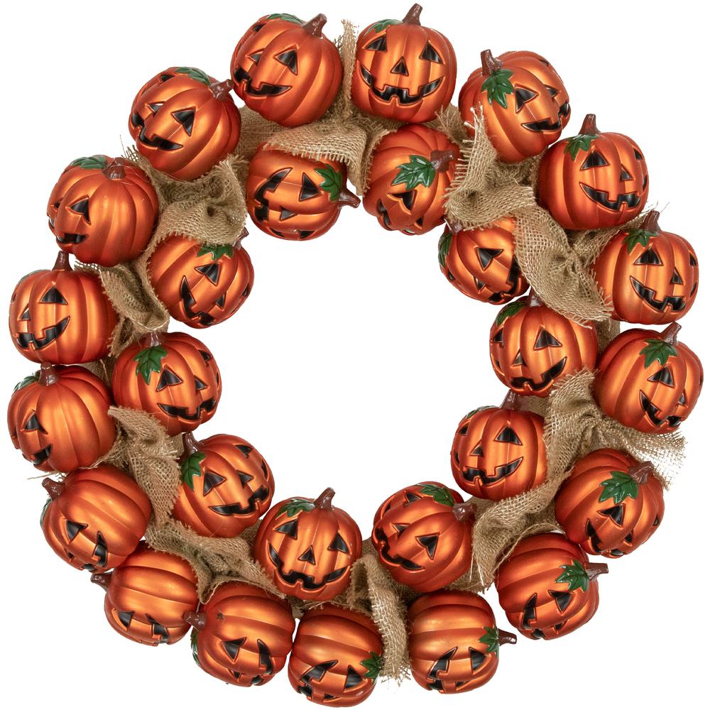 Jack-O-Lantern and Burlap Ribbon Halloween Wreath  20-Inch  Unlit. Picture 1
