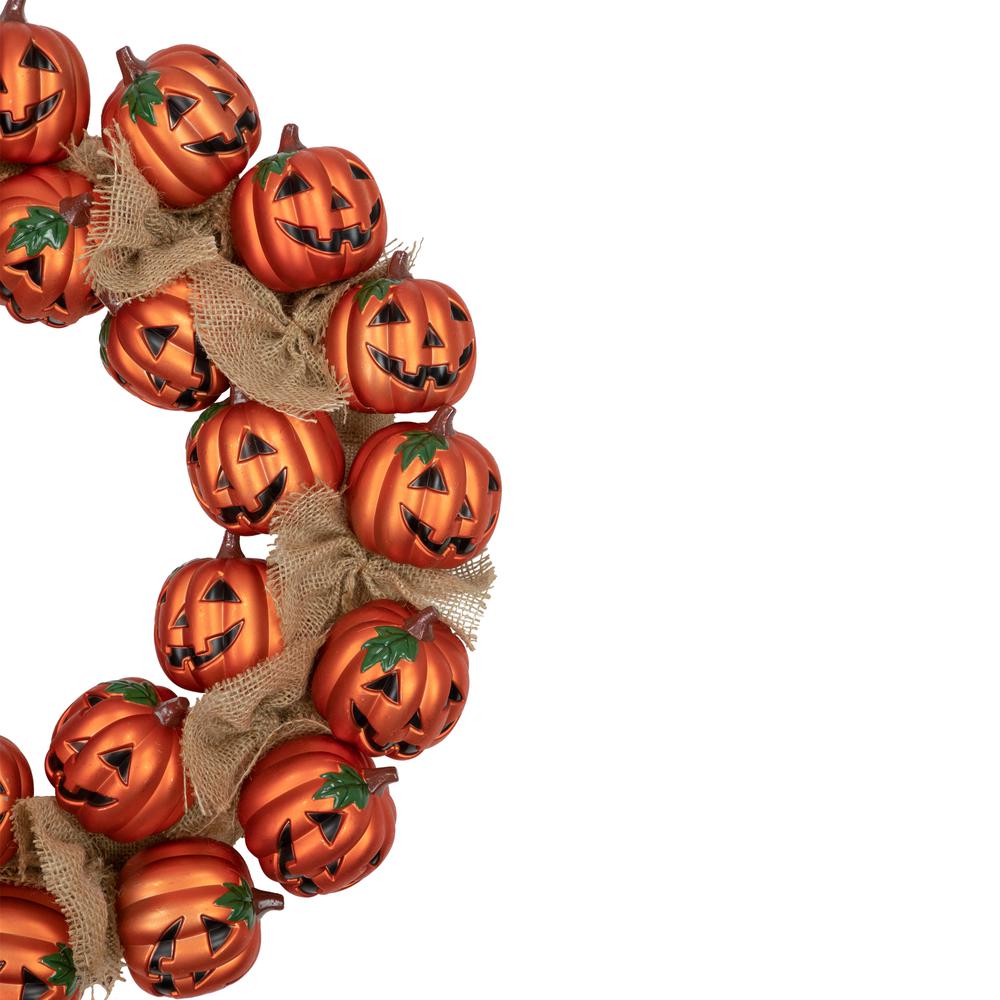 Jack-O-Lantern and Burlap Ribbon Halloween Wreath  20-Inch  Unlit. Picture 4