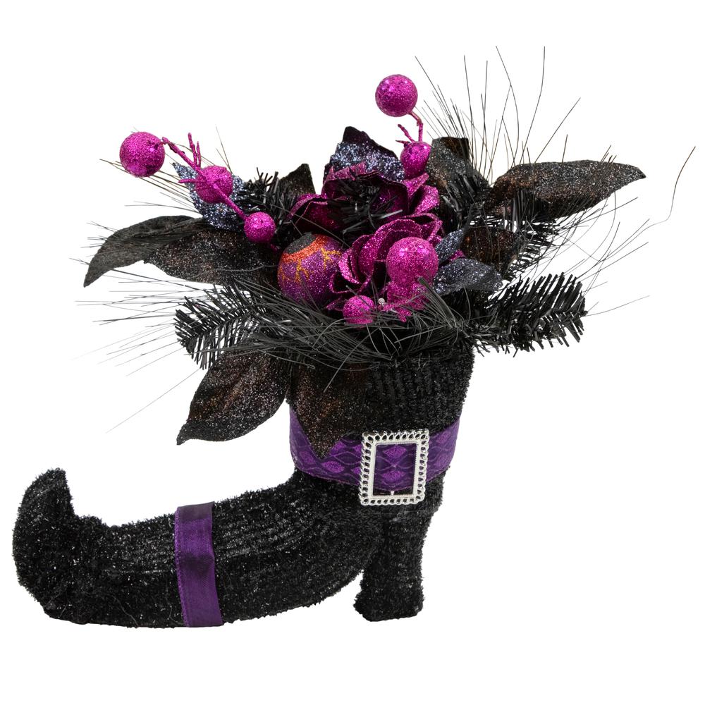 12" Black Witch's Boot with Purple Glittered Roses Halloween Decoration. The main picture.