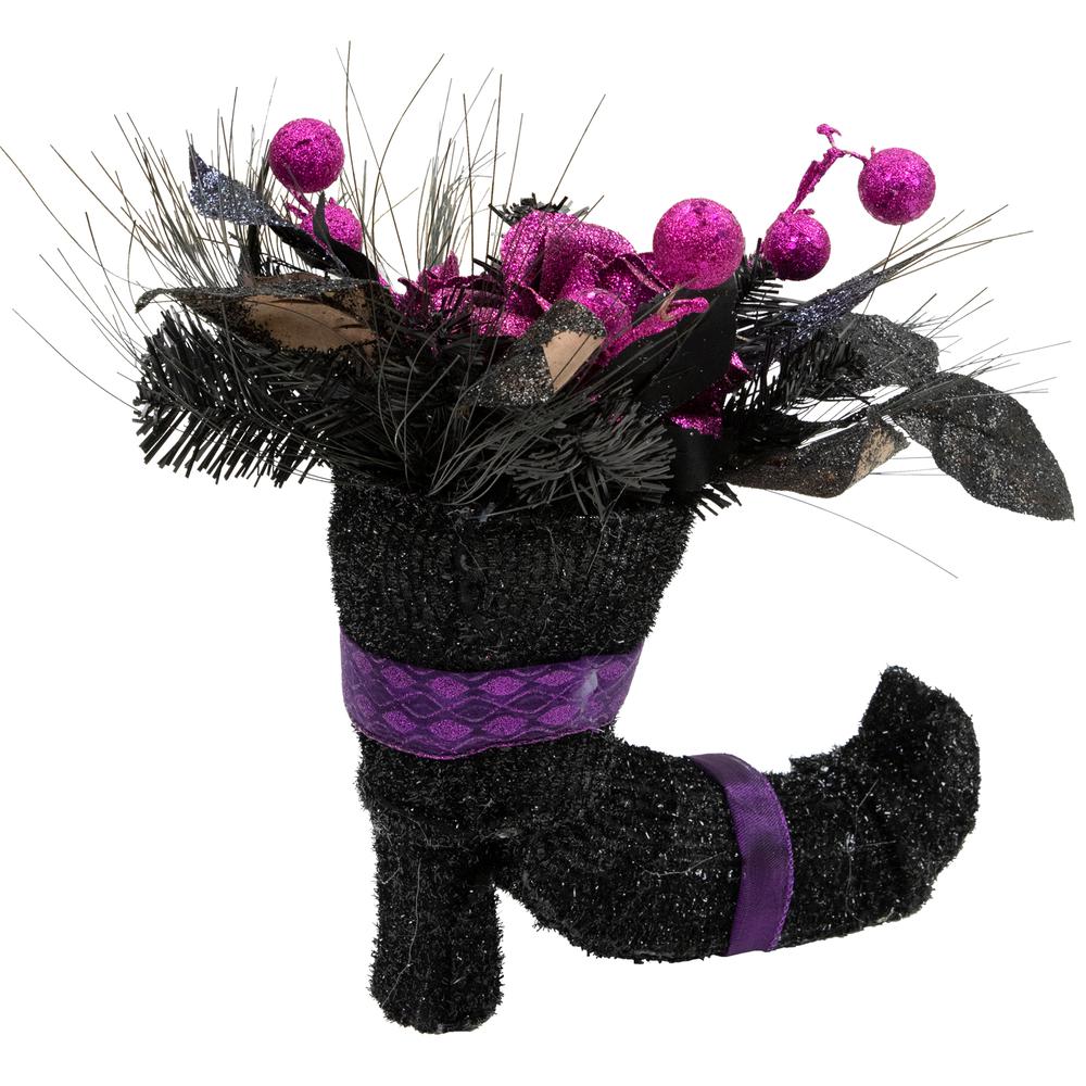 12" Black Witch's Boot with Purple Glittered Roses Halloween Decoration. Picture 4