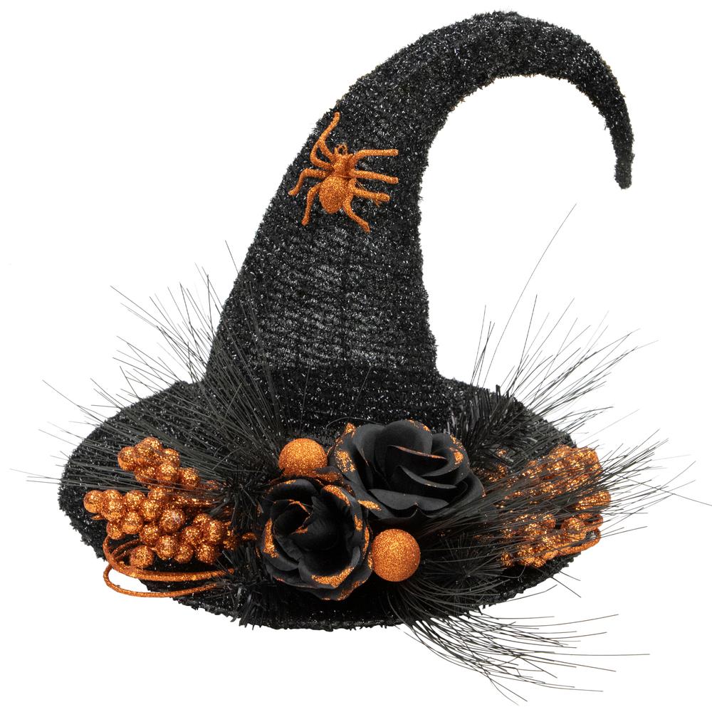 16" Black Tinsel Witch's Hat with Orange Glittered Roses Halloween Decoration. Picture 1
