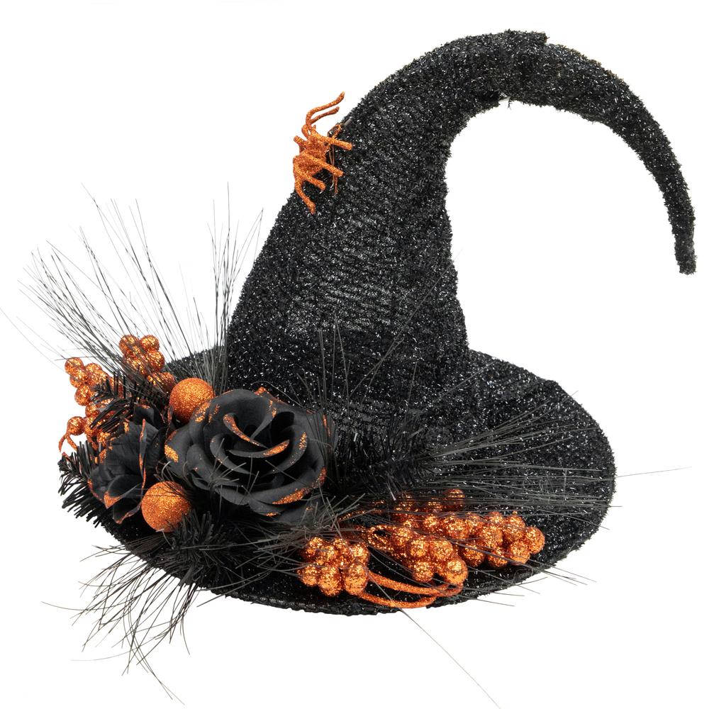 16" Black Tinsel Witch's Hat with Orange Glittered Roses Halloween Decoration. Picture 3