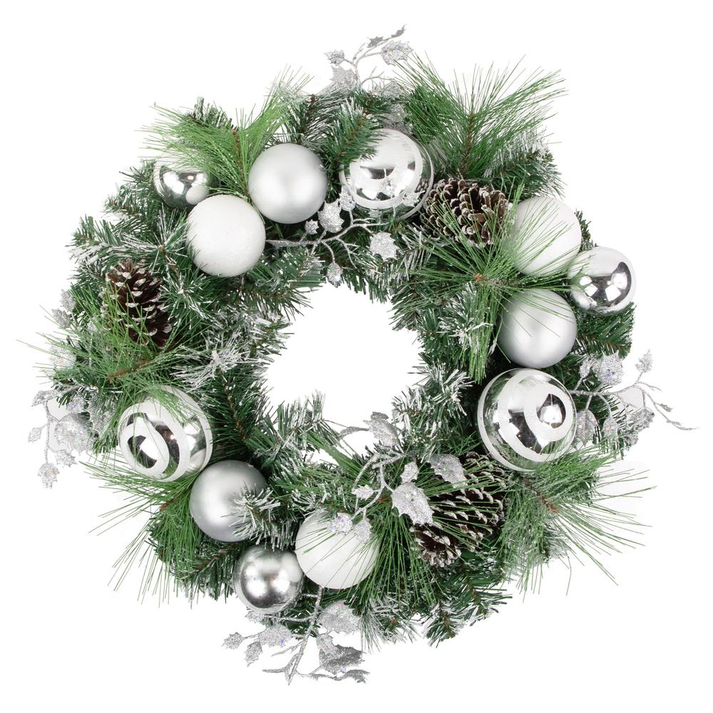 Green Pine Needle Wreath with Pinecones and Christmas Ornaments  24-Inch  Unlit. Picture 1
