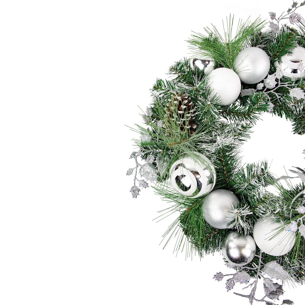 Green Pine Needle Wreath with Pinecones and Christmas Ornaments  24-Inch  Unlit. Picture 5