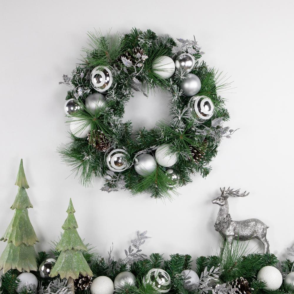 Green Pine Needle Wreath with Pinecones and Christmas Ornaments  24-Inch  Unlit. Picture 2