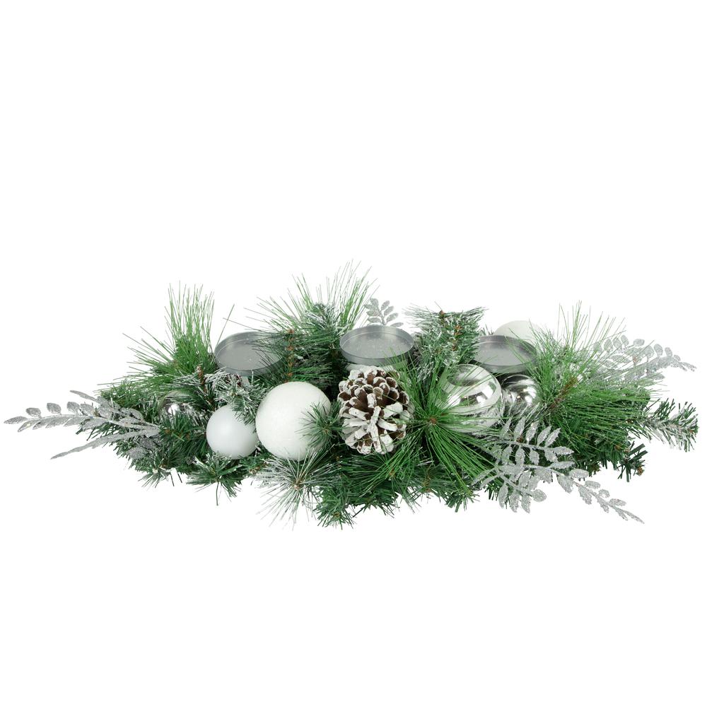 30" Green Pine and Needle Candle Holder with Pinecones and Christmas Ornaments. Picture 1