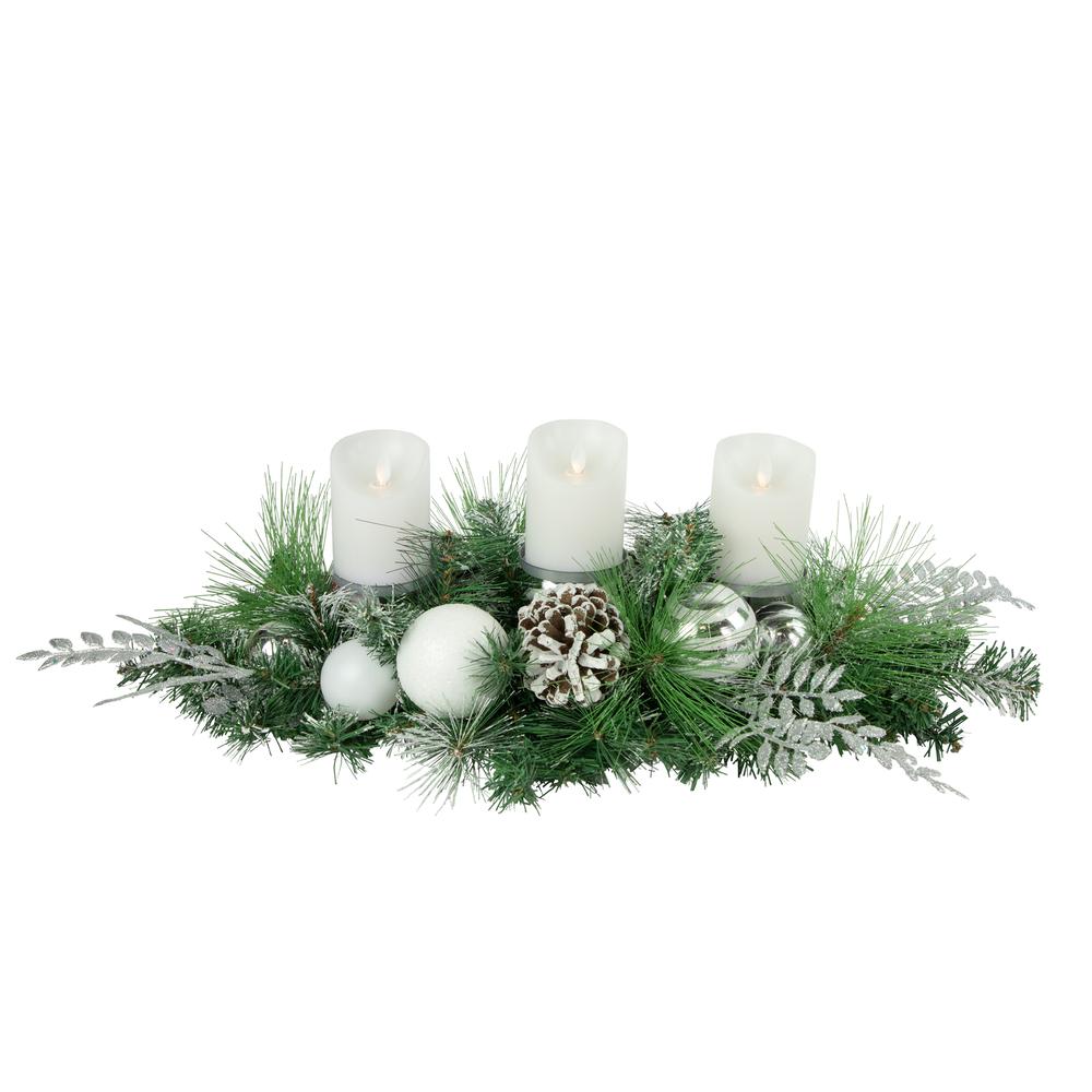 30" Green Pine and Needle Candle Holder with Pinecones and Christmas Ornaments. Picture 3