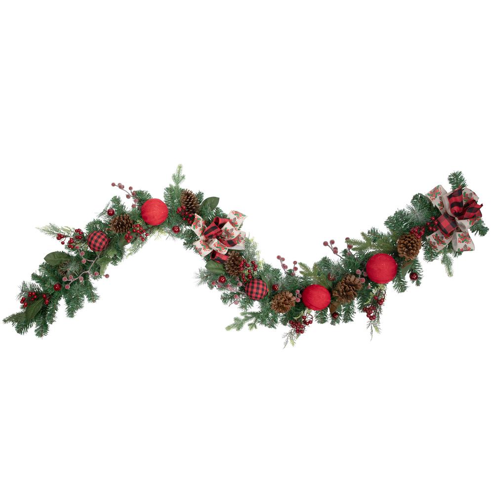 6' Green Pine Artificial Christmas Garland with Plaid Ornaments and Bows. Picture 1
