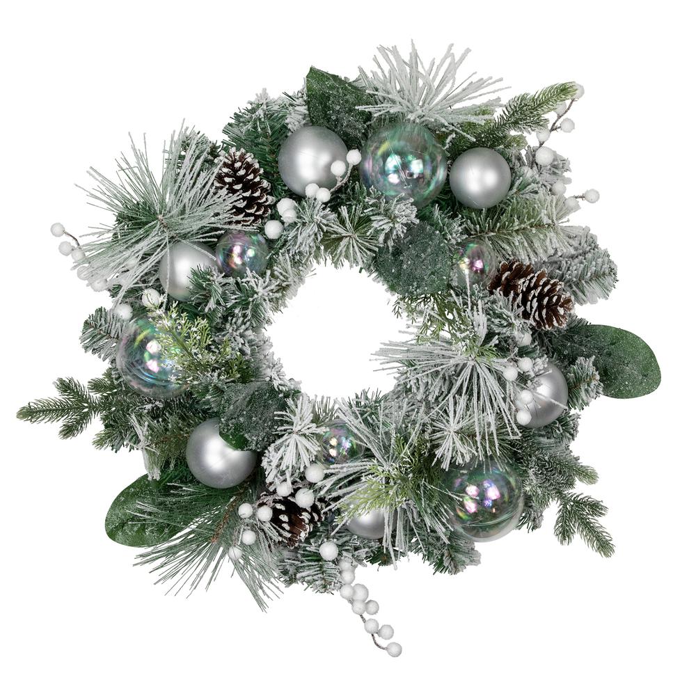 Flocked Pine Artificial Christmas Wreath with Iridescent Ornaments 24-Inch Unlit. Picture 1