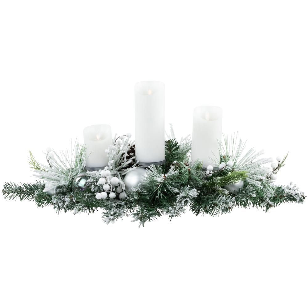 30" Green Flocked Pine Triple Candle Holder and Iridescent Christmas Ornaments. Picture 1