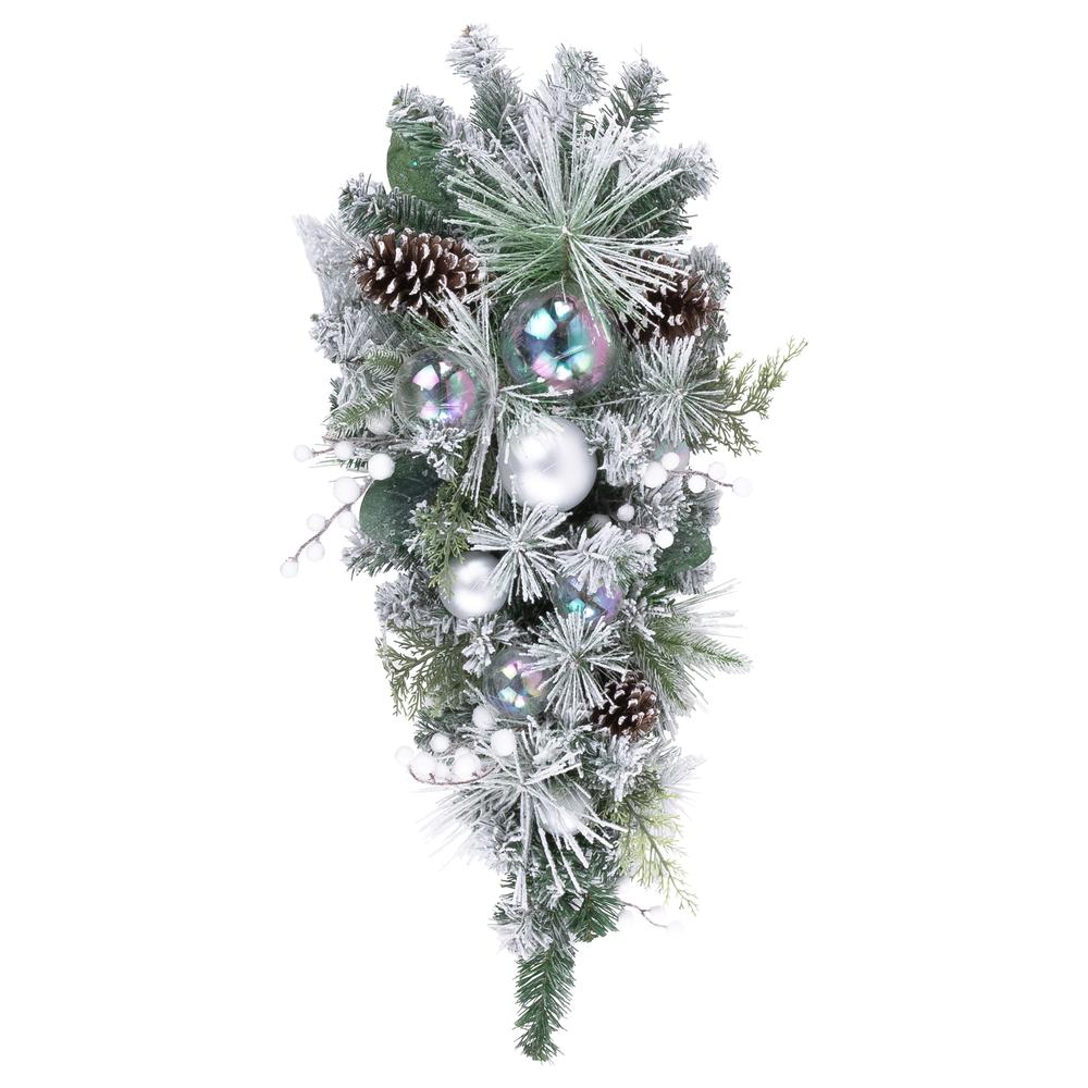30" Flocked Pine Christmas Teardrop Swag with Iridescent Ornaments - Unlit. Picture 1