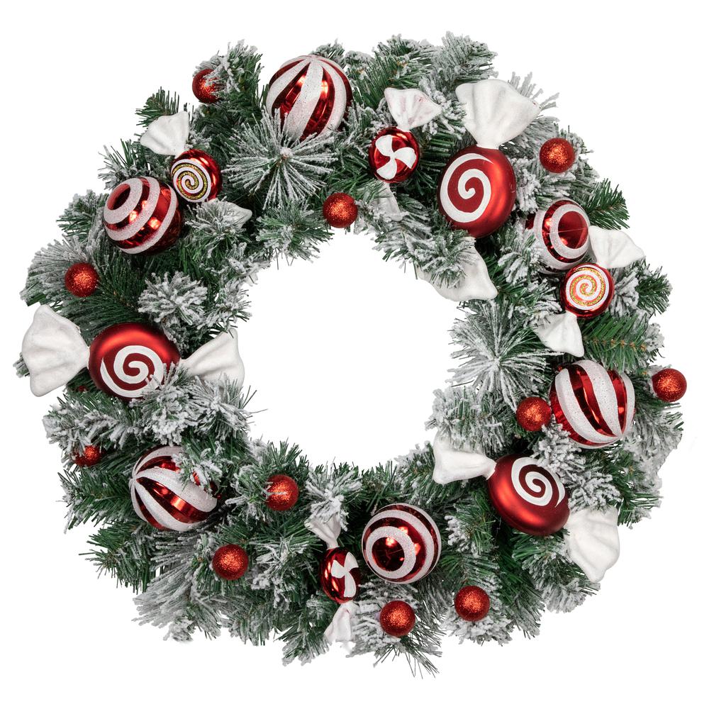 Frosted Pine Artificial Christmas Wreath with Swirled Candy Ornaments  24-Inch. Picture 1