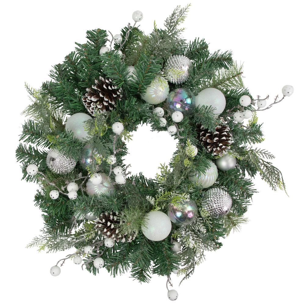 Green Pine Christmas Wreath with Berries and Iridescent Ornaments 24-Inch. Picture 1