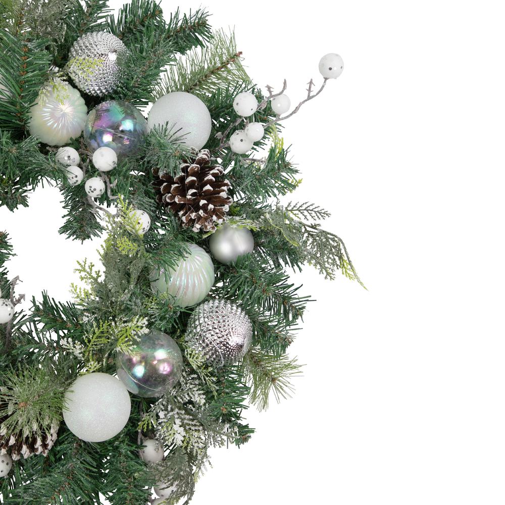 Green Pine Christmas Wreath with Berries and Iridescent Ornaments 24-Inch. Picture 3