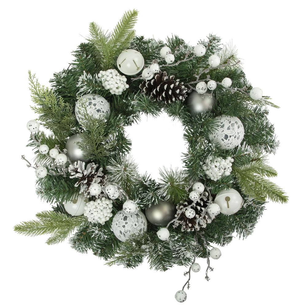 Green Pine Frosted Christmas Wreath with Laced Ornaments 24-Inch Unlit. Picture 1