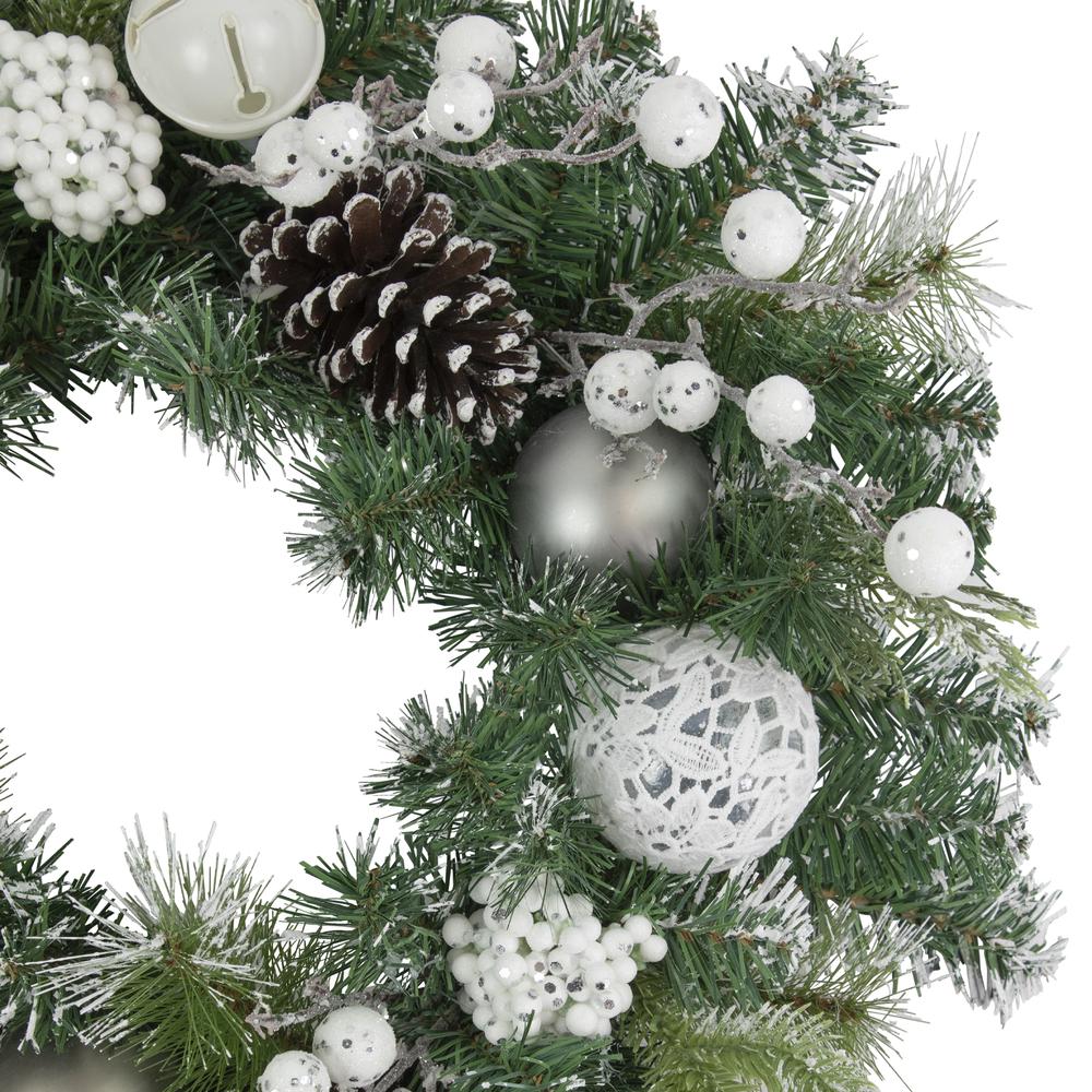 Green Pine Frosted Christmas Wreath with Laced Ornaments 24-Inch Unlit. Picture 3