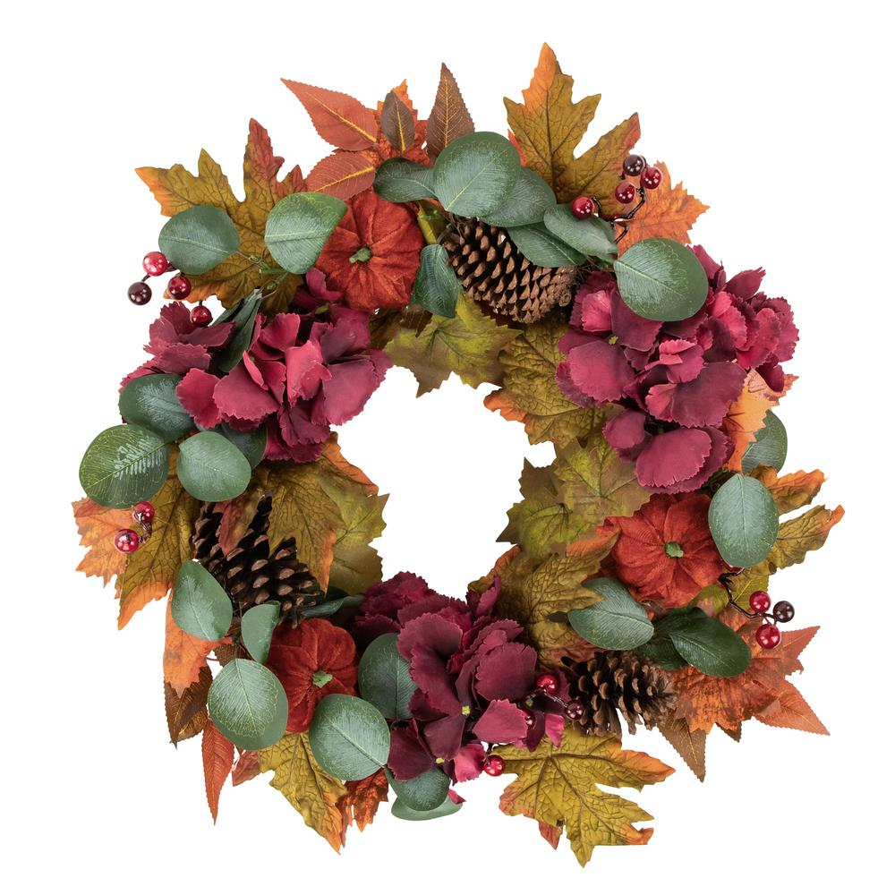 Orange and Burgundy Fall Harvest Artificial Floral and Pinecone Wreath  22-Inch. Picture 1