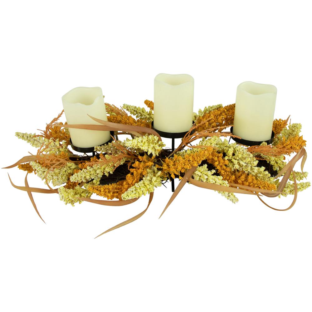 22" Autumn Harvest Triple Candle Holder with Artificial Fall Foliage. Picture 3