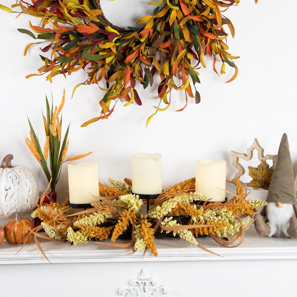 22" Autumn Harvest Triple Candle Holder with Artificial Fall Foliage. Picture 2