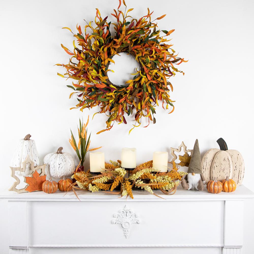 22" Autumn Harvest Triple Candle Holder with Artificial Fall Foliage. Picture 6