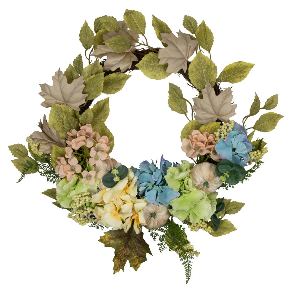 Green and Blue Floral and Gourds Thanksgiving Artificial Wreath  22-Inch. The main picture.
