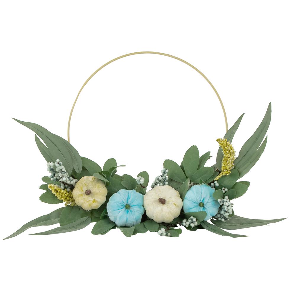Blue Pumpkins and Foliage Fall Harvest Artificial Half Wreath  20-Inch. Picture 1